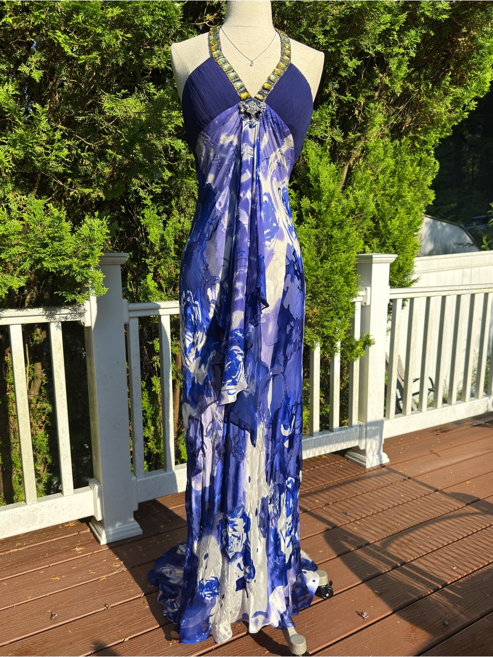 Vintage Y2K 100% Silk Blue & White Abstract Floral Maxi Dress